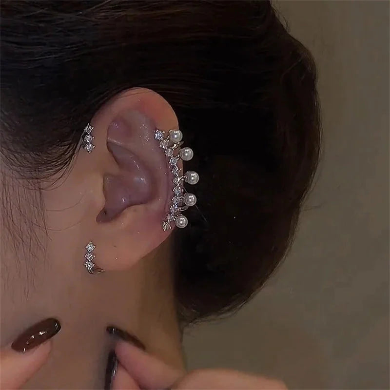 Pearl Ear Cuff Silver Crystal Zircon